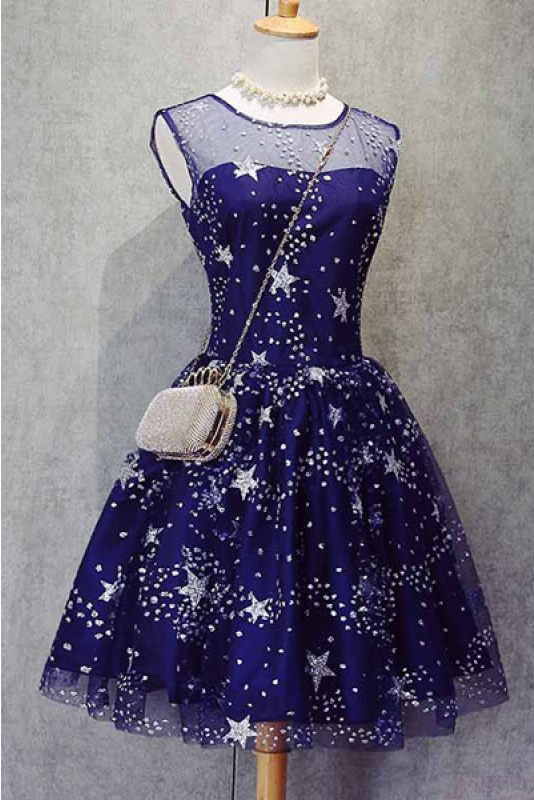 A Line Short Homecoming Dresses With Stars, Tulle Graduation Dress With Beading, Sweet 16 Dress H275