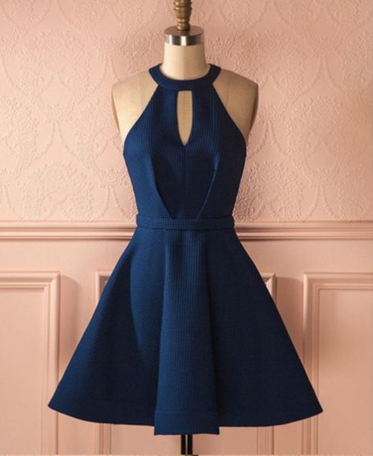 Cute A Line Halter Navy Blue Short Dress, Navy Short Homecoming Dress, A Line Short Prom Dresses H276
