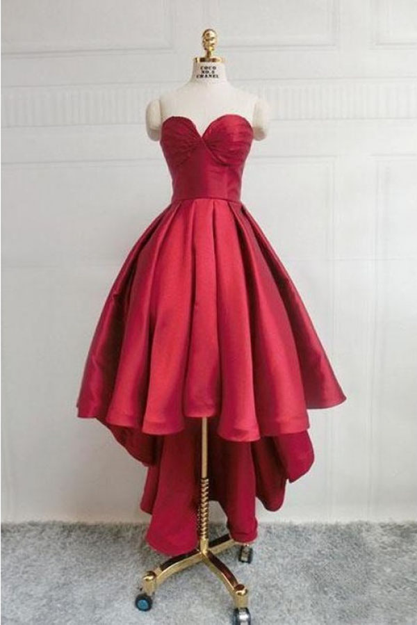 High Low Burgundy Prom Dress, A Line Sweetheart Satin Homecoming Dresses, Strapless High Low Satin Party Dresses H282