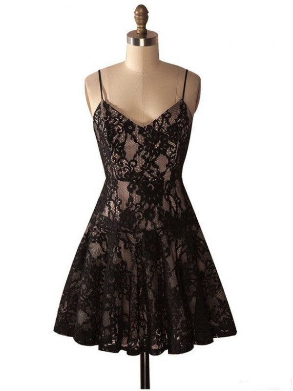 Cute Spaghetti Straps Black Lace Short Homecoming Dress 19th Birthday Outfits Y9911