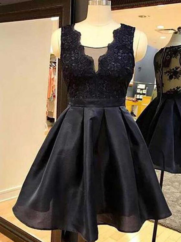 Black Organza Short Homecoming Dress, A Line Sleeveless Sweet 16 Dress with Lace, Short Graduation Dress with Lace H308