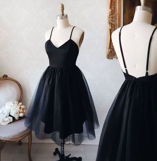Spaghetti Strap Homecoming Dress, Black Tulle Graduation Dress, A Line Sleeveless Party Dress, Simple Black Short Prom Dress H313