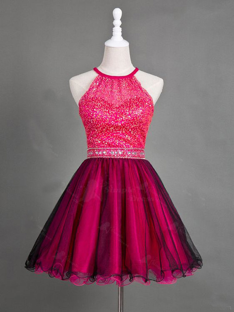 Cute A Line Round Neck Black And Rose Red Short Homecoming Dresses With Beading, Short Prom Dresses, A Line Tulle Mini Homecoming Dress H320