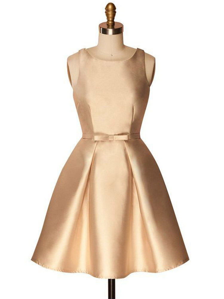 Gold A Line Sleeveless Satin Mini Homecoming Dresses, Simple Short Prom Dress With Bowknot, H322