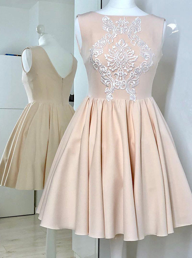 Champagne Sleeveless Ruched Homecoming Dress With Appliques, Simple Short Sweet 16 Dress, Satin Graduation Dresses H326