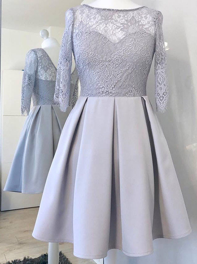A-line Bateau Long Sleeves Grey Homecoming Dress With Lace, Short Satin Graduation Dress With Lace H327