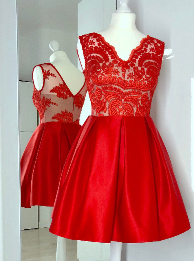 A Line Red Sleeveless Satin Prom Dress With Lace, Short V Neck Lace Top Homecoming Dresses, Graduation Dresses H328
