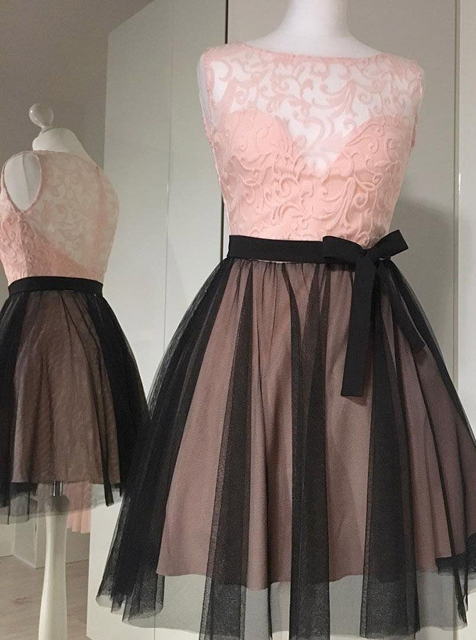 A Line Sleeveless Pink Tulle Homecoming Dress With Sash, Lace Homecoming Gown H329