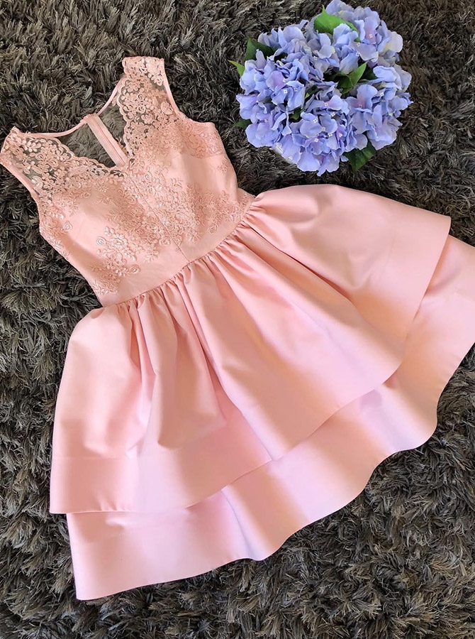 Cute Mini V Neck Homecoming Dress, A Line Two Layers Lace Graduation Dress, Satin Prom Dress With Lace H331