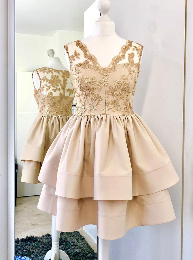A-line V-neck Champagne Satin Short Homecoming Dress With Lace, Simple Short Graduation Dress, Two Layers Satin Party Dress H333