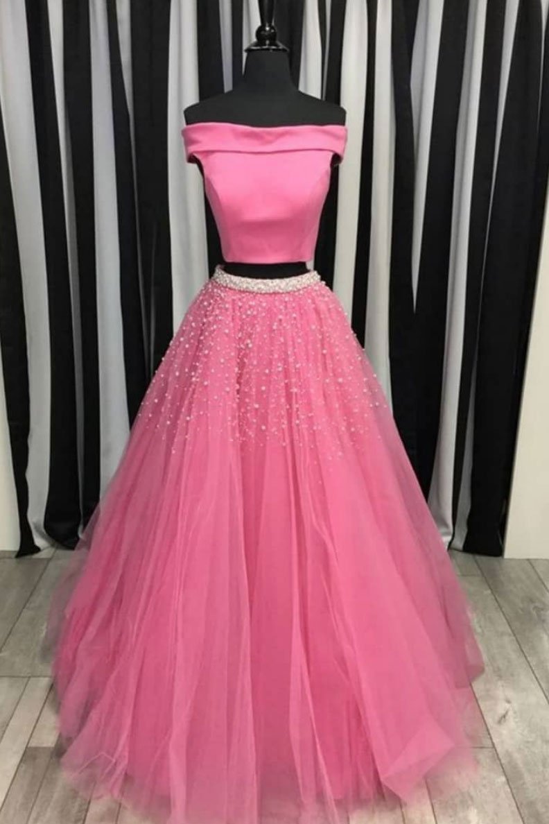 Two Piece Prom Dress, Off The Shoulder Tulle Evening Dress With Beading, Floor Length Prom Gown P300