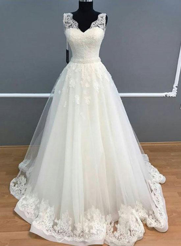 Elegant A-line V-neck Sleeveless Ivory Long Wedding Dress With Lace, Charming Sleeveless Tulle Bridal Dress With Lace W112