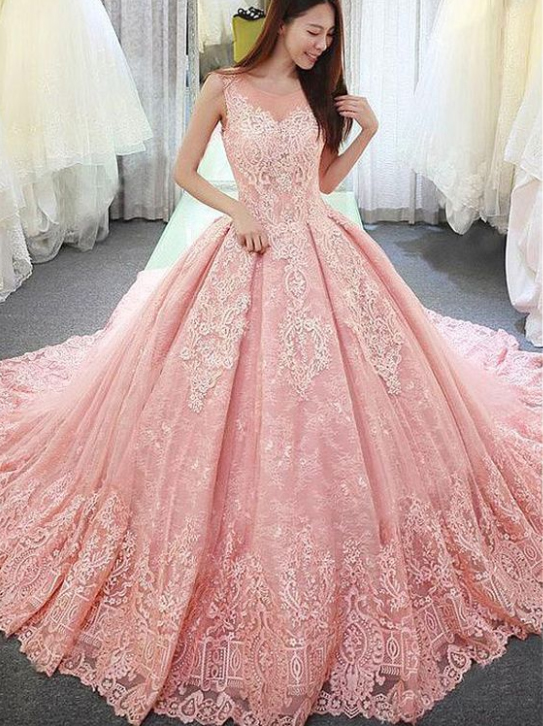 Fantastic Tulle Lace Sheer Neckline Ball Gown Wedding Dress With Lace Appliques, Sweep Train Prom Dress, Gorgeous Wedding Gown W113