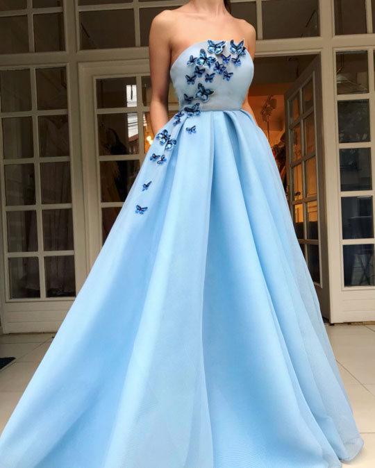 Unique Tulle Prom Gowns ,strapless Neckline Evening Dress, A-line Prom Dress ,3d Butterfly Appliques Evening Gowns P305