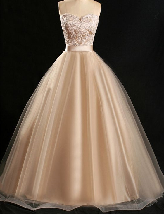 Floor Length Appliqued Prom Dress, Ball Gown Tulle Sweetheart Evening Dress, Strapless Long Prom Gown P307