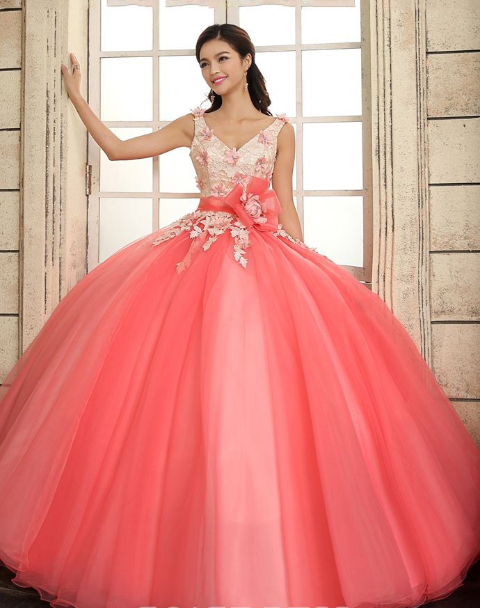 Luxurious Straps Ball Gown V-neck Flowers Lace Up Quinceanera Dress,ball Gown Prom Dresses, Q014