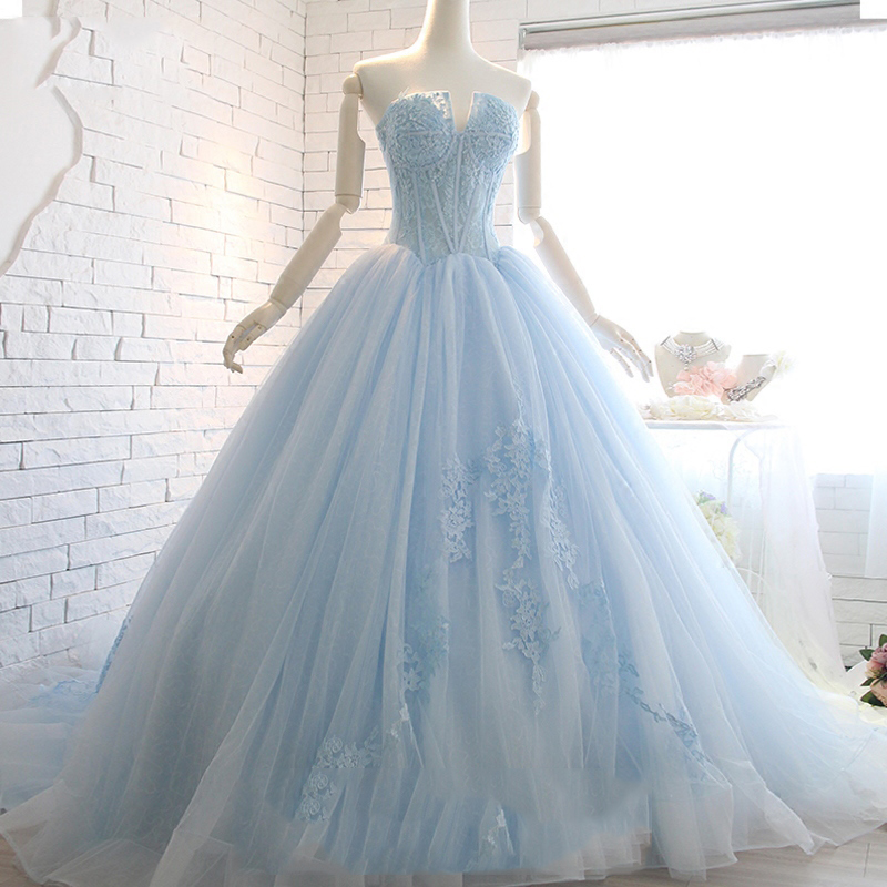 Sweetheart Lace Ball Evening Dress With Court Train, Light Blue Prom Dress P312
