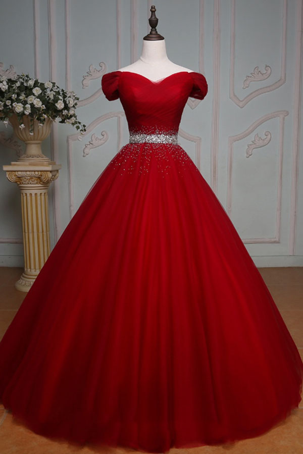 Red Off-the-shoulder Ball Quinceanera Dress With Beading And Pleats, Ball Gown Off Shoulder Prom Dress P313