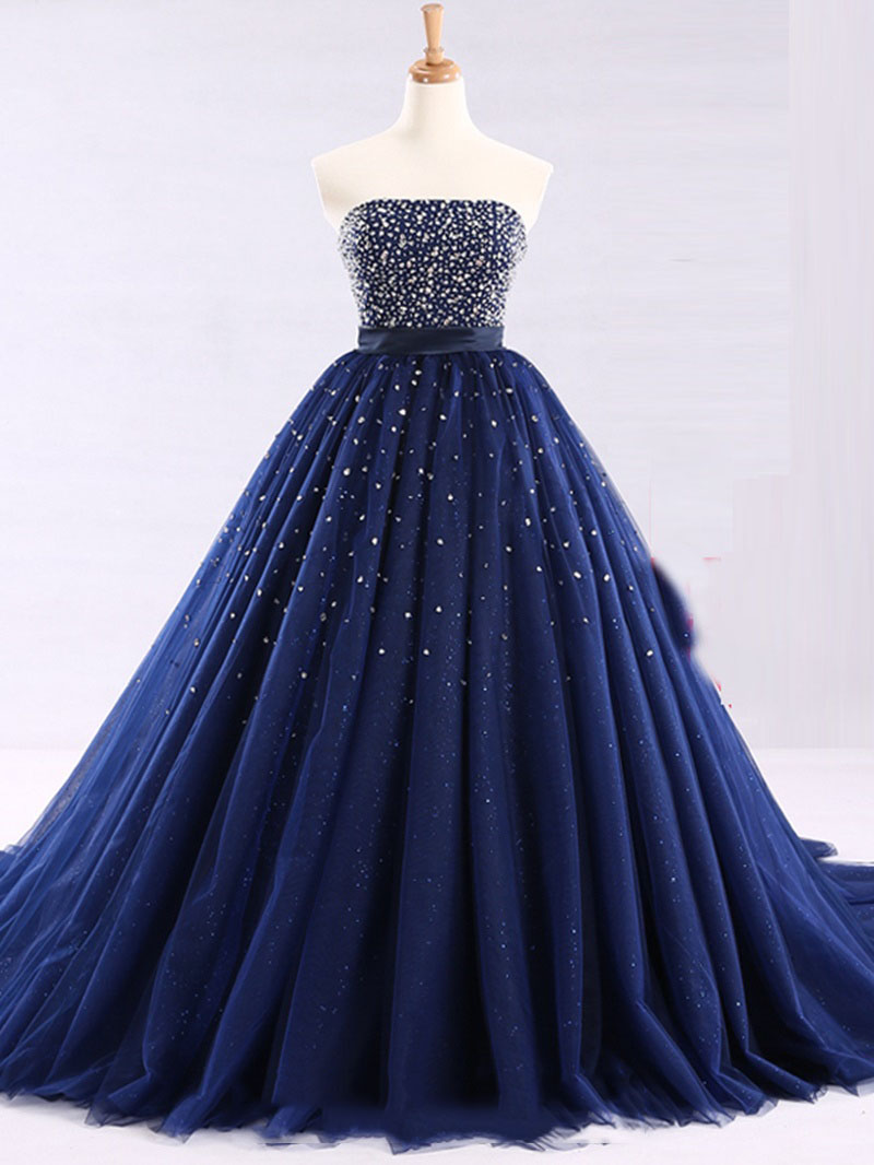 Shiny Beaded Lace Up Back Strapless Ball Gown Quinceanera Dress, Gorgeous Beading Prom Dresses P314