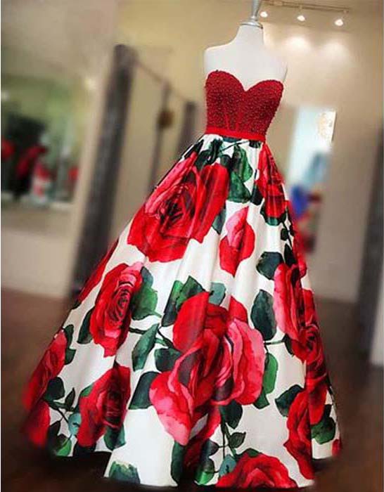A Line Floor Length Sleeveless Beaded Prom Gown, Red Printed Sweetheart Long Prom Dresses P321
