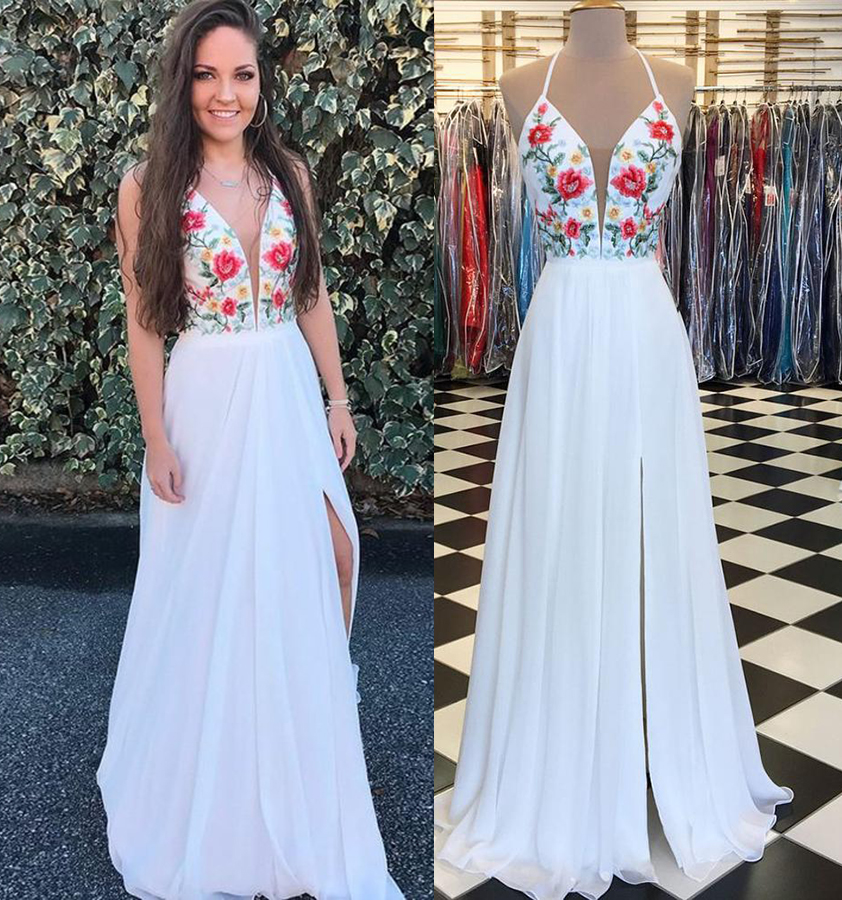 white prom dress with flowers