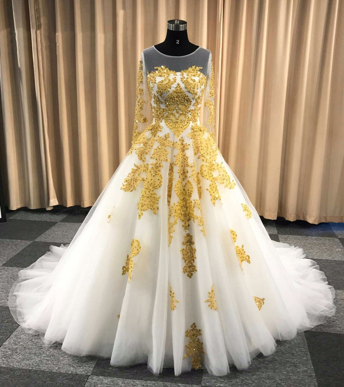 White Ball Gown Wedding Dress With Gold Appliques, Long Sleeves Puffy Prom Dress With Beading P328