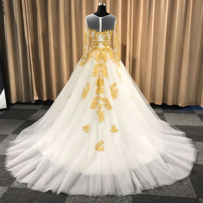 White Ball Gown Wedding Dress With Gold Appliques, Long Sleeves Puffy ...