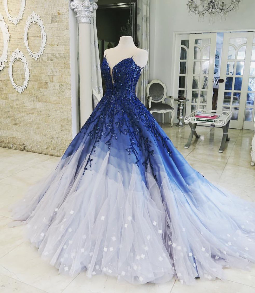 Royal Blue Ombre Prom Dress, Puffy Tulle Party Dress With Beads, Appliqued Long Quinceanera Dress P340
