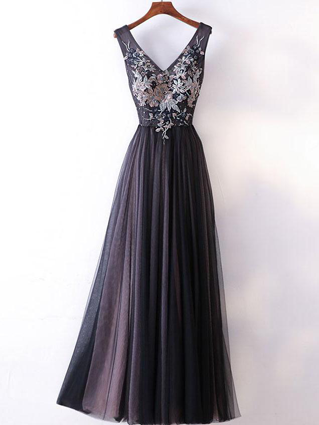 Chic A Line V Neck Prom Dress With Appliques, Floor Length Sleeveless Tulle Evening Dress With Beading P344
