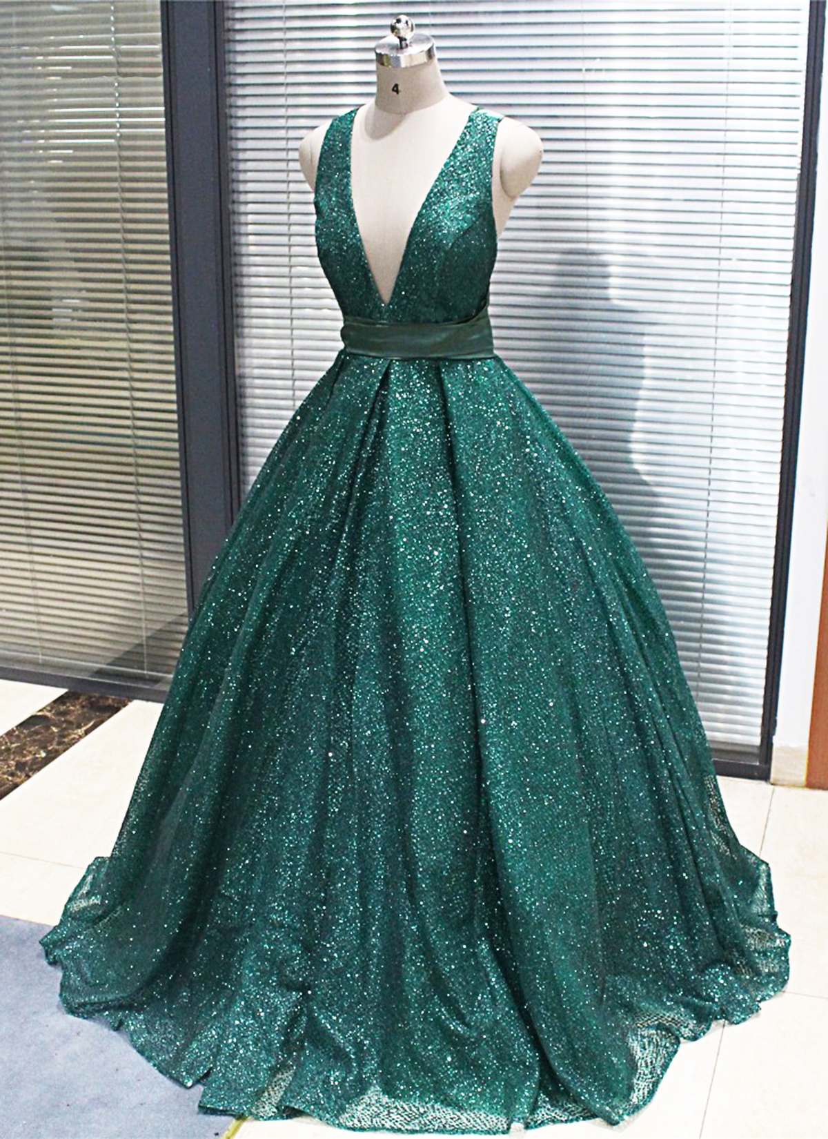 Style Sparkly Dark Green Sequined Long V Neck Evening Dress, Puffy Party Dress, Floor Length Sleeveless Sequins Prom Gown P355