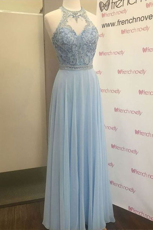 Light Blue Jewel Beading Long Chiffon Prom Dress, Elegant Sleeveless Floor Length Evening Dress P369