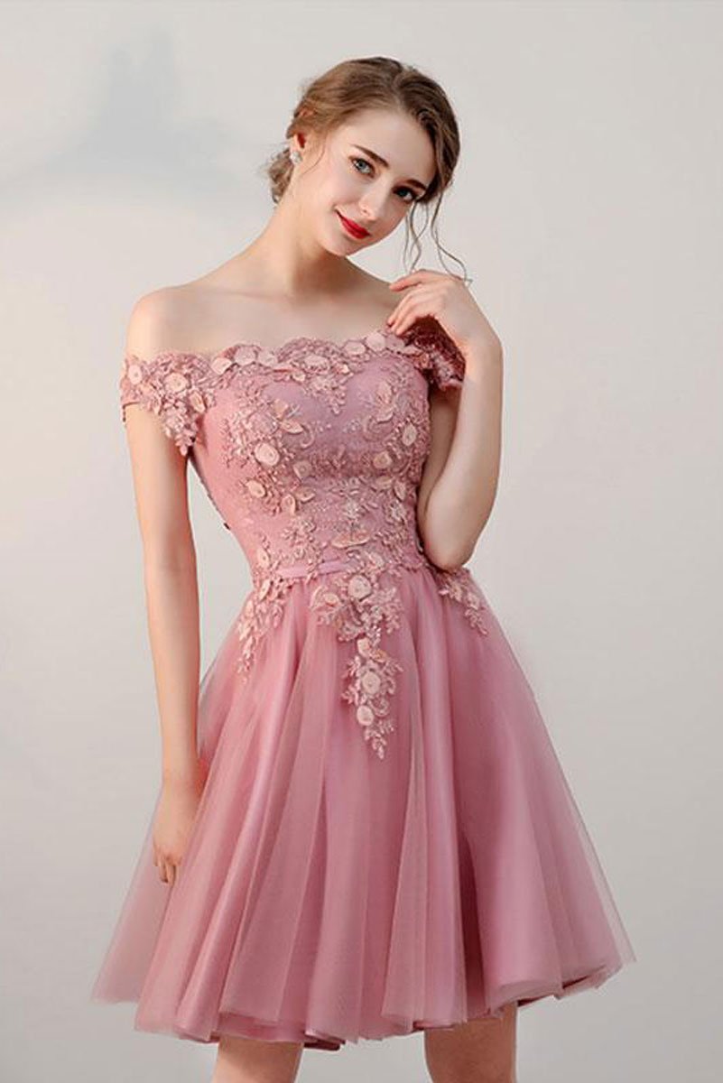Pink Short Tulle Homecoming Dresses, A Line Off The Shoulder Tulle Prom Dresses, Short Appliqued Homecoming Dresses H338