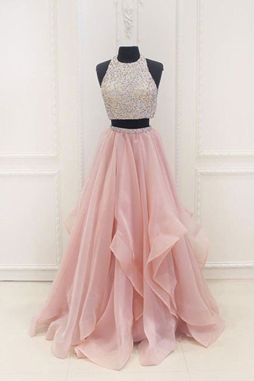 Blush Pink Two Piece Beaded Prom Dress, Bridesmaid Dress With Cascading Skirt, A Line 2 Piece Formal Dresses P375