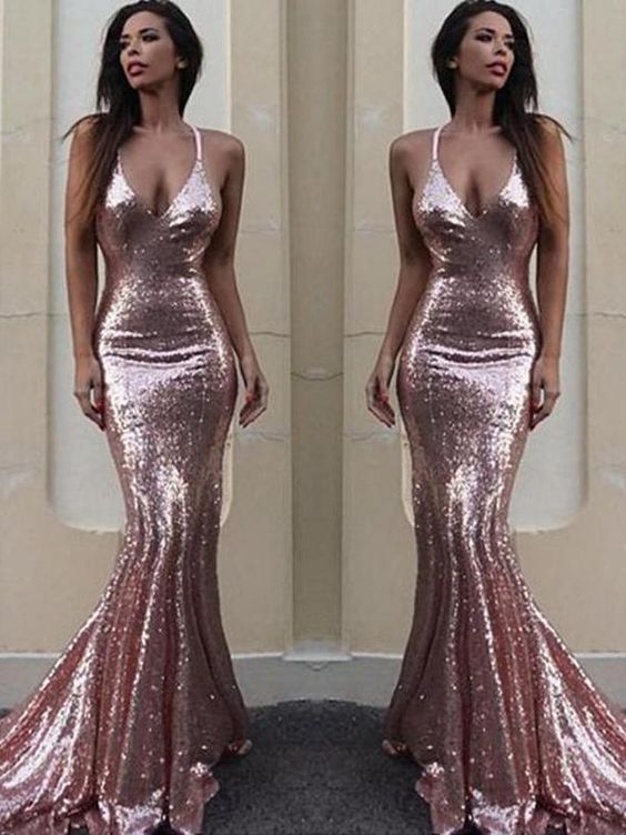 rose gold v neck dress