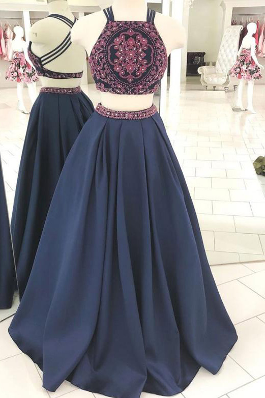 Two Piece A Line Floor Length Navy Blue Prom Dress With Embroidery Beading, A Line Long Prom Dress With Beading P385