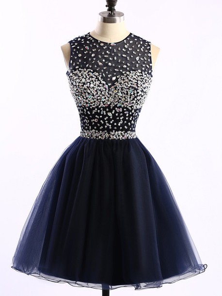 Short Tulle A-line Homecoming Dress Featuring Beaded Embellished Sleeveless Crew Neck Bodice