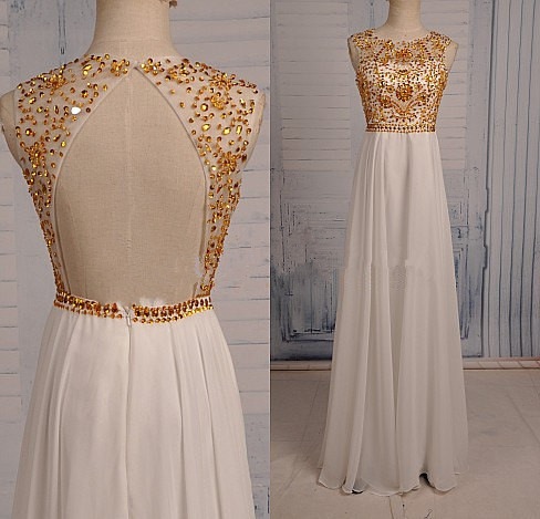 Backless Gold Beading A-line Prom Dresses, Floor-length Evening Dress,prom Dresses,st291