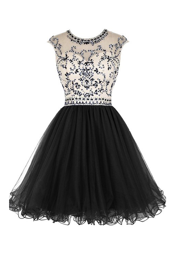Short Beaded Tulle Homecoming Dress with Scoop Neckline