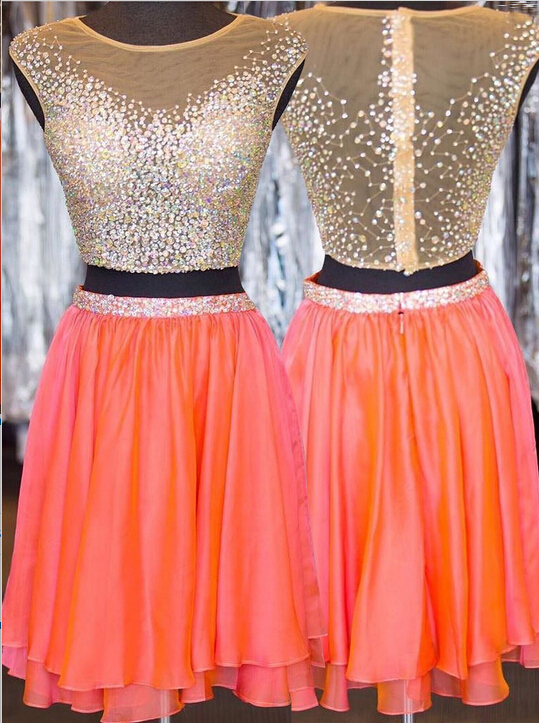 Two Piece Chiffon Orange Beaded Homecoming Dress,prom Dress,graduation Dress