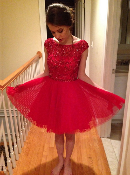 Cap Sleeves Tulle Red Beading Homecoming Dress,prom Dress,graduation Dress