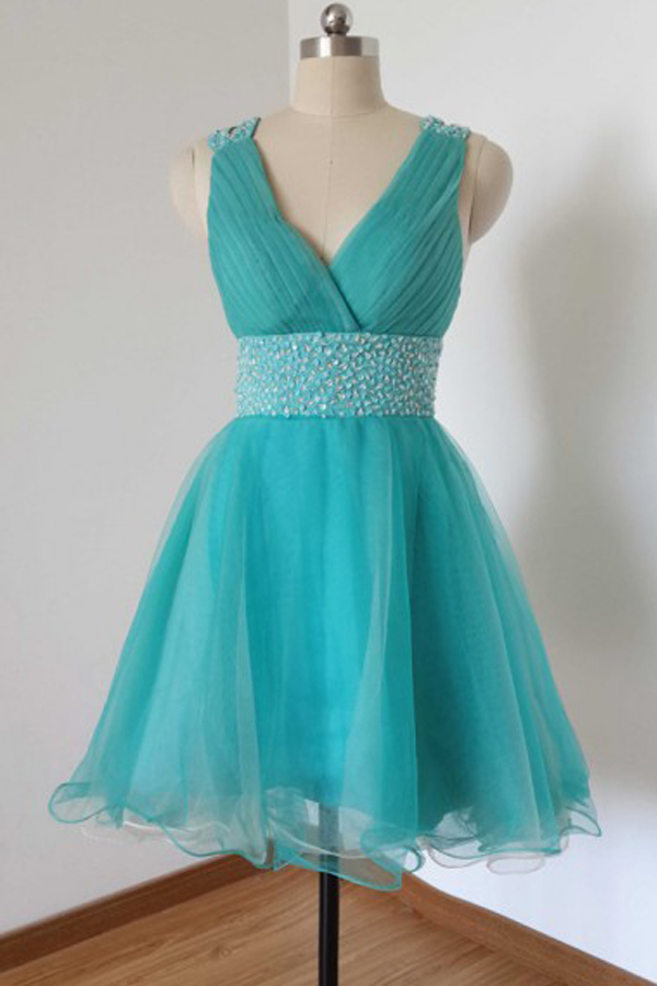 V-neck Knee Length Tulle Lake Blue Homecoming Dress,prom Dress,graduation Dress