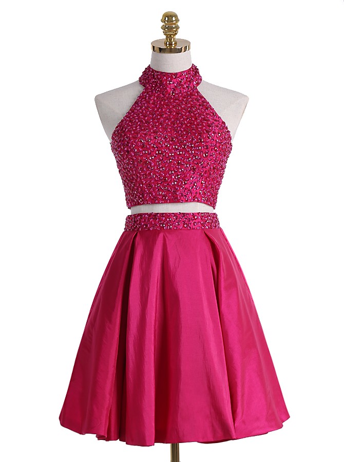 Pink Two Piece Halterneck Short Homecoming Dress With Beaded Bodice