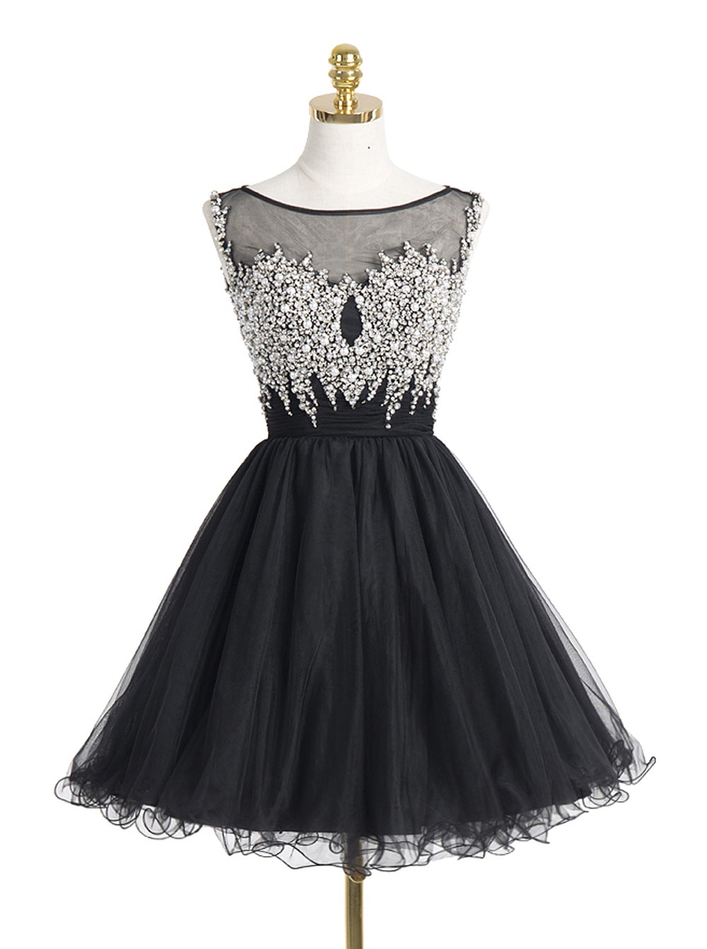 Black Crystal Beaded Homecoming Dress With Illusion Neckline on Luulla