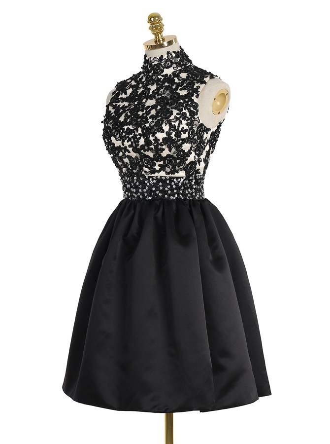 Short High Neck Sleeveless Open Back Satin Dress With Lace And Beads