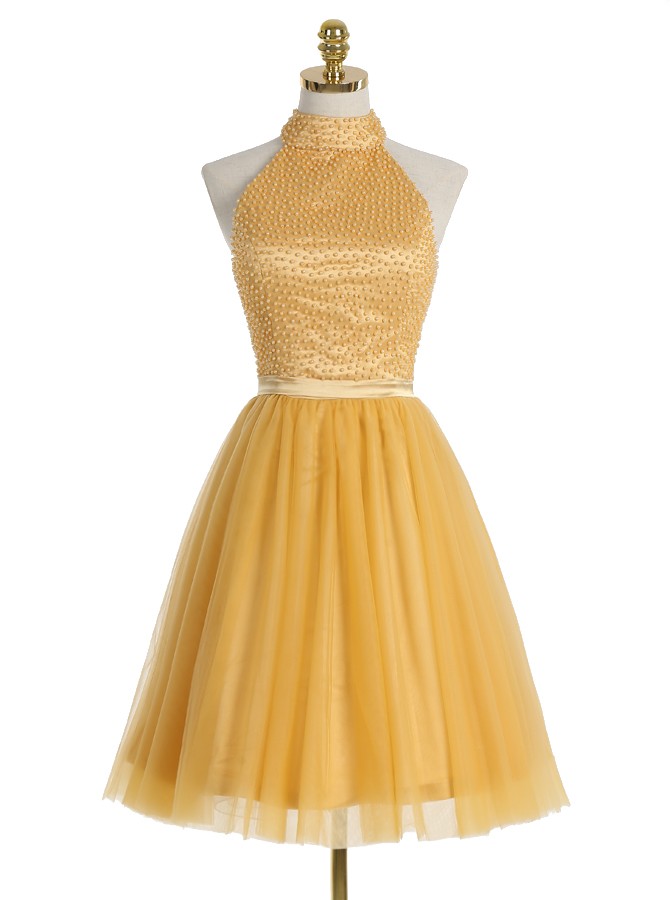 Halter Neck A-line Tulle Homecoming Dress With Beaded Embellishment