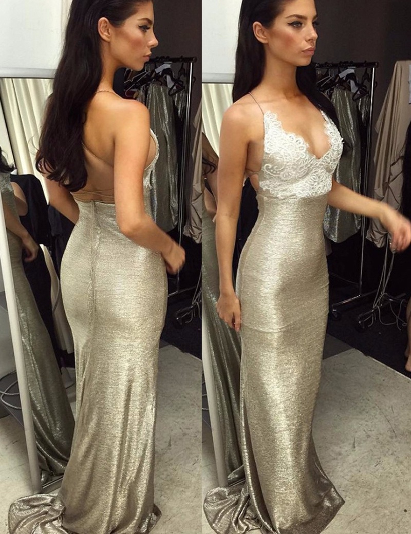 Sexy Mermaid Spaghetti Straps Sleeveless Backless Lace-top Long Prom Dress Evening Dresses