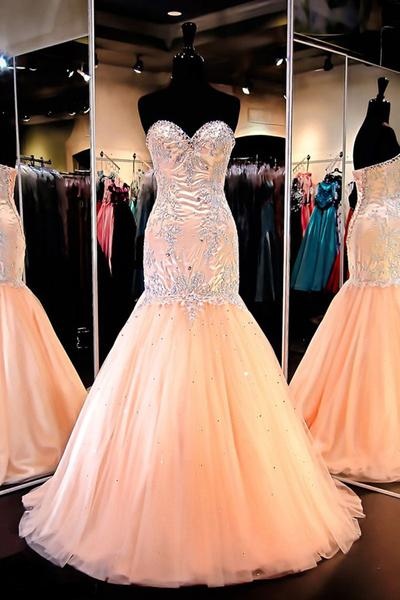 Sexy Mermaid Sweetheart Strapless Tulle Beading Prom Dresses/evening Gowns