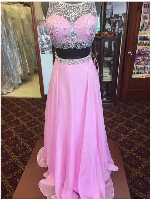 Pink Beading Chiffon Prom Dresses, A-line Evening Dresses, Two Pieces ...