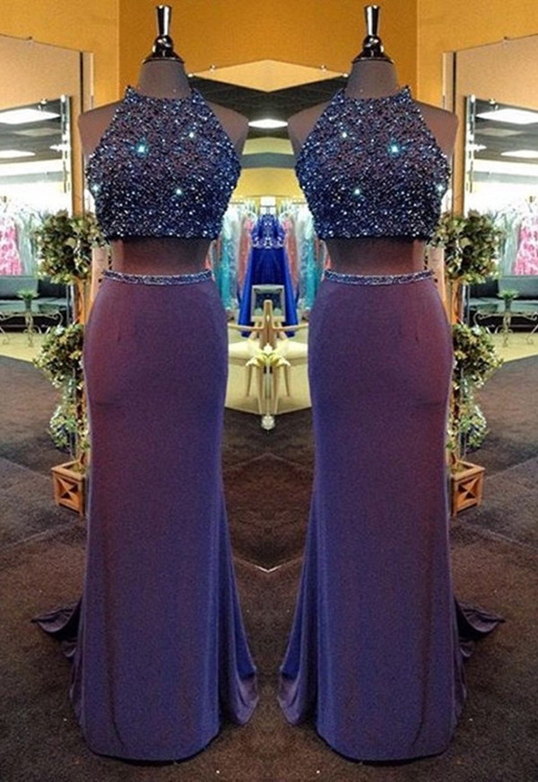 Two Piece Prom Dresses,purple Evening Dress,sheath Crew Neck Prom Dresses,beading Formal Dress