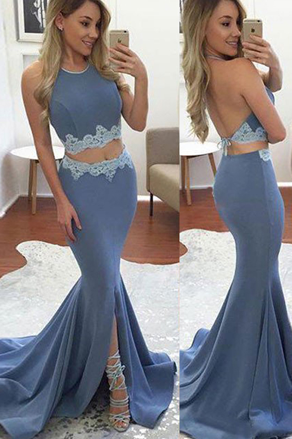 Two Piece Mermaid Prom Dresses,Elegant Halter Split Front Elastic Satin Backless Prom/evening Dress with Lace